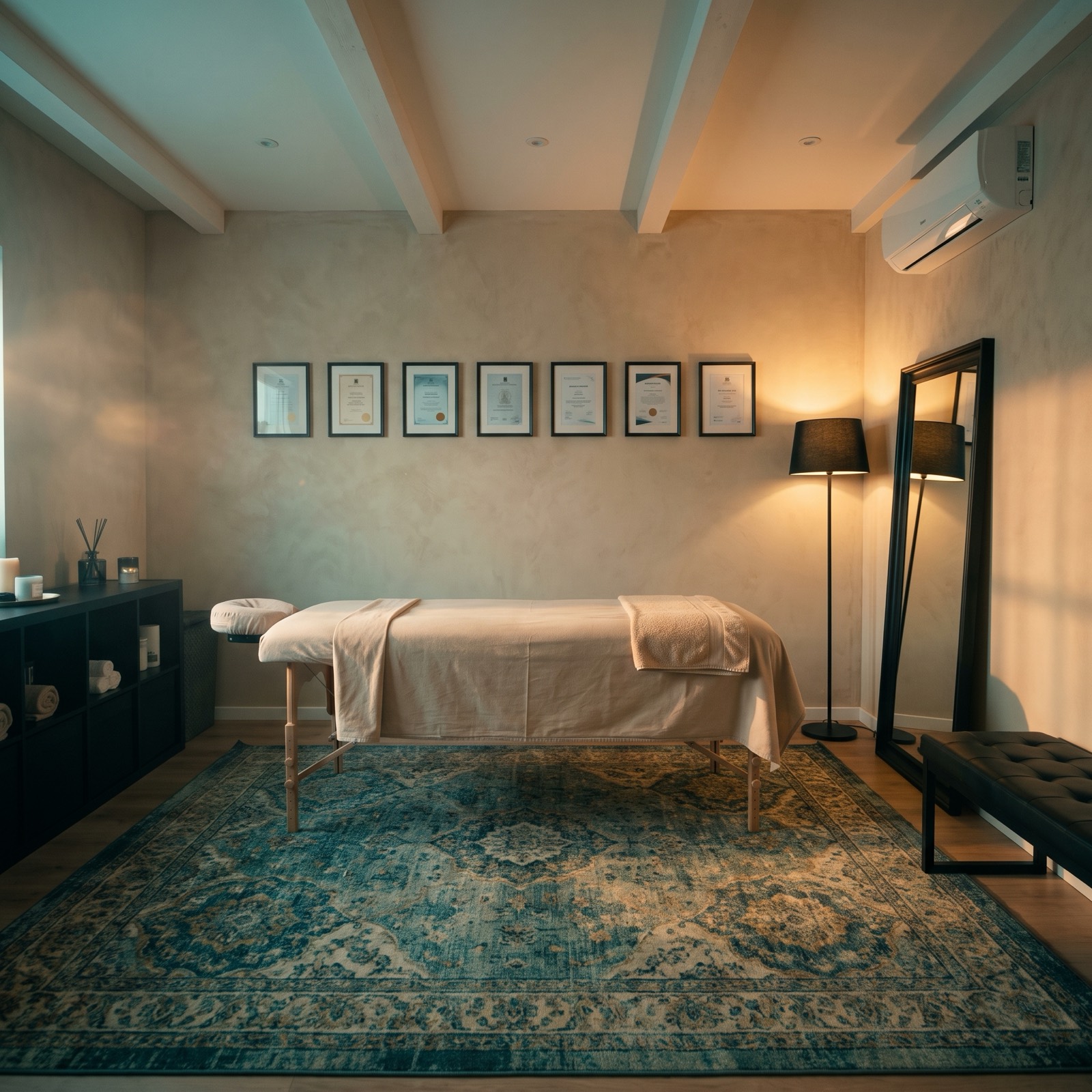 La sala de masaje: una camilla con sábana crema sobre una alfombra azul, una lámpara de pie, un espejo y sus certificados en la pared.